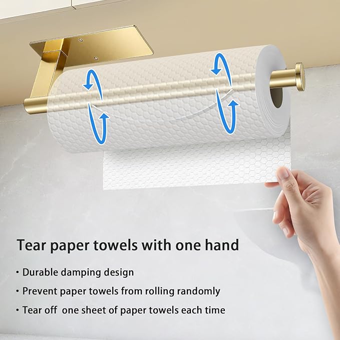Paper Towel Holder Under Cabinet, Single Hand Operable Tearing Off Paper Towels with Damping Effect, Both Available in Adhesive and Screws, Stainless Steel (Gold)