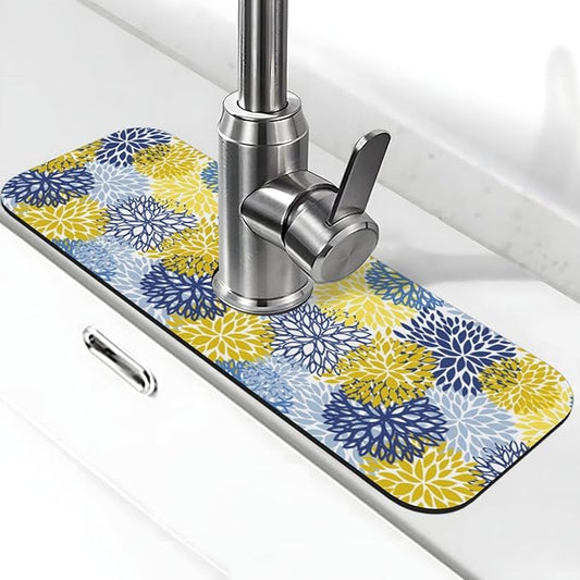 Dahlia Floral Colorful Flower Kitchen Sink Splash Guard Faucet Mat Super Absorbent Fast Drying Mat Sink Gadgets-Fast Drying Pad Sink Mat For Kitchen Bathroom (15" X 5.5" )