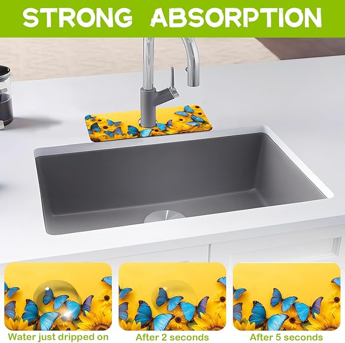 Kitchen Sink Splash Sunflowers and Blue Butterflies Guard Faucet Mat Super Absorbent Fast Drying Mat Guard Behind Faucet Drip Catcher for Kitchen Bathroom, 15.5"X5.5"