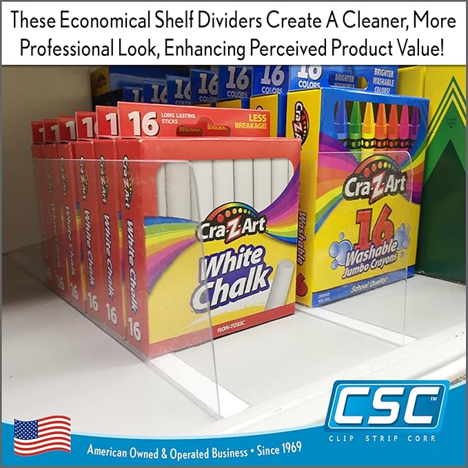 Clip Strip Shelf Dividers for Retail Stores - Lightweight, Clear Adhesive Mount 3" H x 11-9/16" L Corp., 20 mil Crystal Clear PVC, Retail Shelf Separator, Item SD-3012, Pack of 50