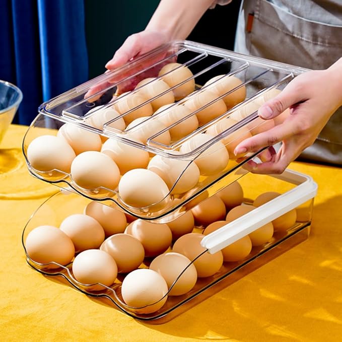 Egg holder for fridge, Egg organizer for refrigerator, Automatic Rolling Egg Container, Egg storage Container Organizer, Clear Plastic Egg Tray, Egg dispenser, Egg rack (Single-layer)