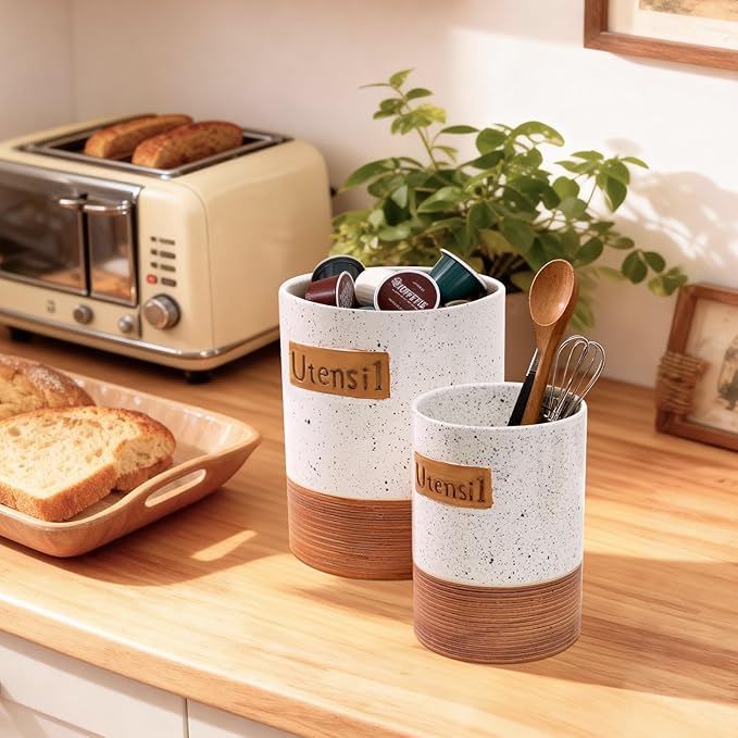 Utensil Holder, 7.1"+5.4" Ceramic Kitchen Utensil Crock for Counter, Farmhouse Cooking Utensil Organizer for Spatula Spoon Silverware Vintage Kitchen Decor Accessories Set of 2, White