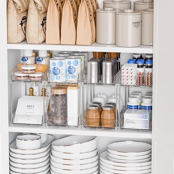 Yieach 4 Set Clear Pull Out Bathroom Organizers and Storage,2 Tier Under Sink Organizer and Medicine Cabinet Organizer,Small Slide Out Drawers for Pantry,Under Cabinet,Kitchen Storage and Organization