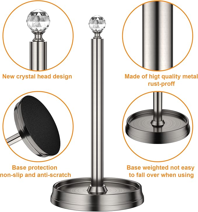 Paper Towel Holder with Crystal Ball - Steel Countertop Stand, Fits Standard & Jumbo Rolls, Brushed Nickel