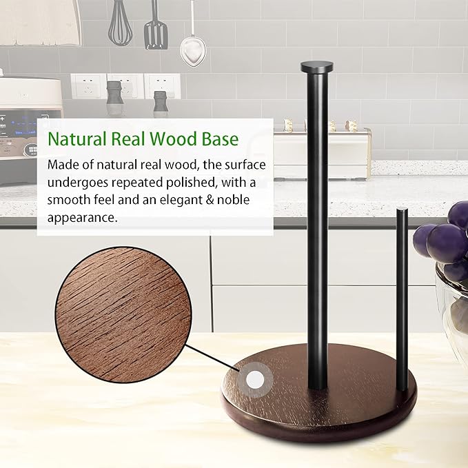 Wood Paper Towel Holder Countertop, OBODING, Farmhouse Kitchen Paper Towel Holders Stand with Real Wooden Base, fits Standard and Jumbo Size Paper Towels (Dark Brown)