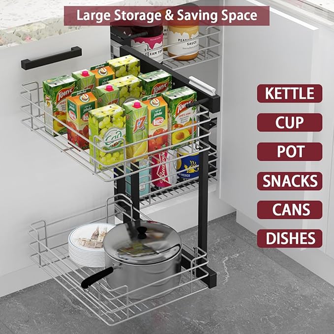 Gdrasuya10 Blind Corner Cabinet Pull Out Organizer, 2 Tier Pull Out Shelf Organizer for Corner Cabinet Storage Slide Out Kitchen Cabinet Organizer Basket for 15" Opening Door (Left or Right)