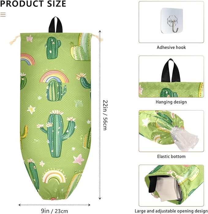 Plastic Bag Holder Wall Mount Grocery Bag Shopping Bag Storage Holder Organizer Dispenser with Adhesive Hook,for Kitchen Bathroom Home Decor 9x22 Inches Cacti and Rainbows Floral Green07