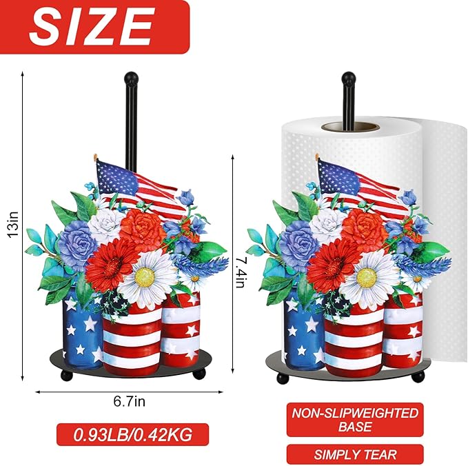 JarThenaAMCS Patriotic Paper Towel Holder American Flag Star Flower Kitchen Decor Accessories 4th of July Large Metal Towel Holder Stand for Independence Memorial Day Home Party Bathroom Countertop