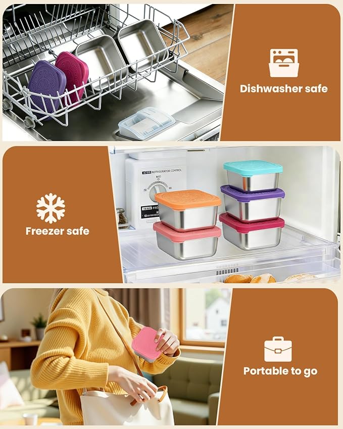 12Pack Stainless Steel Snack Containers with Lids, Small 6oz & 2oz Leak Proof Metal Food Storage Containers, Bento Box Meal prep Containers, Easy Open Stackable Lunch Box for Adults LIttle One