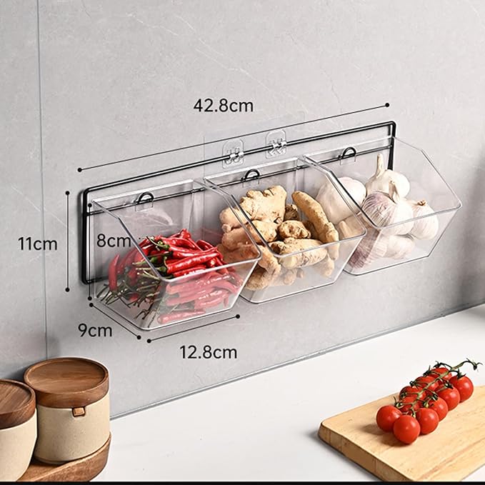 Wall Mounted Storage Container, 3 Storage Grid Clear Plastic Self-Adhesive Hanging Onion and Potato Storage with Metal Rack and Traceless Sticker for Kitchen/Bathroom/Organizer Pantry