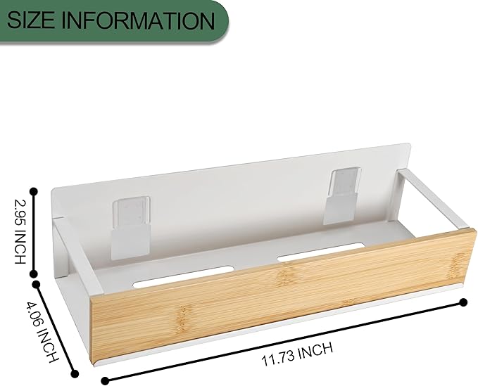 Wall Mount Organizer,Adhesive Metal Shelf with Bamboo Lip,Bathroom Shelves for Wall,Self Adhesive Organizer,Shower Caddies,No Drilling Stick-on Wall Rack,for Bathroom,Kitchen,Living Room (White)