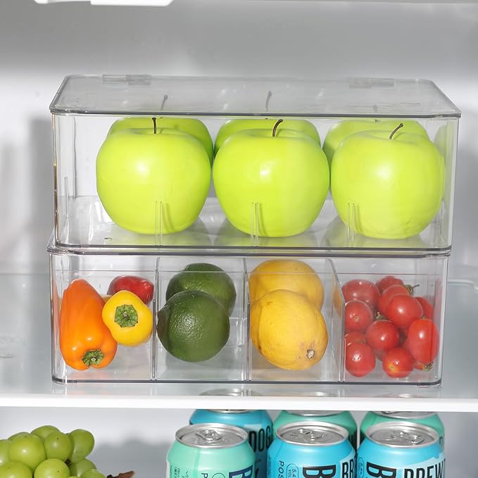 Clear Fridge Organizer Bins With Removable Dividers - Ideal for Snacks and Pantry Storage Snack Bins For Pantry Organization Refrigerator Bins Organizers Clear Kitchen Storage Accessories (2 Pack)
