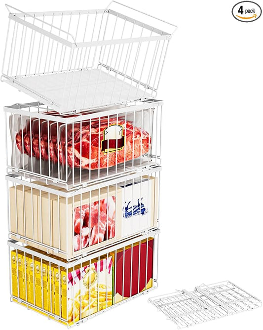Large Freezer Organizer Bins, Upgrade One-Touch Open/Close, 3 Pack Big Stackable Deep Freezer Organizer Bins, White Wire Foldable Baskets with Handles, for 5 to 7 Cu.FT Deep Freezer Sort Frozen Meats