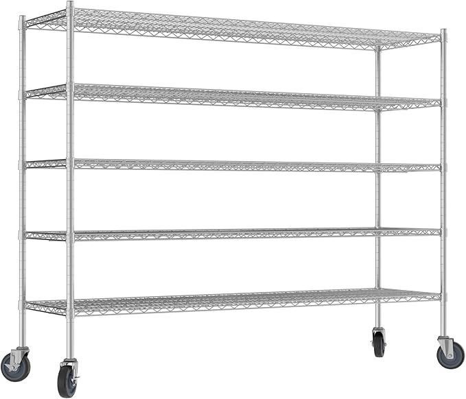 Commercial NSF Listed Chrome Mobile Wire Shelving Kit 21" x 72" x 60", with 5 Shelves Perfect for Warehouse, Walk-in Refrigerator, Freezer, Grocery Store, Restaurant, Dishroom