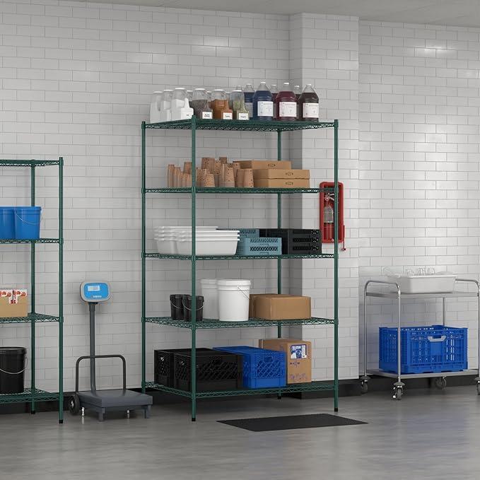 Commercial NSF Listed Green Epoxy Stationary Wire Shelving Kit 36" x 48" x 86", with 5 Shelves Perfect for Warehouse, Walk-in Refrigerator, Freezer, Grocery Store, Restaurant, Dishroom