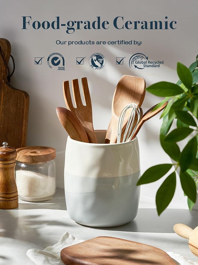 DOWAN Utensil Holder, 6.5″ Large Utensil Holder for Kitchen Counter, Ceramic Utensil Crock with Table-Protection Mat, Spatula Holder, Utensil Organizer Caddy for Spoons Home Decor, Fathers Day Gifts