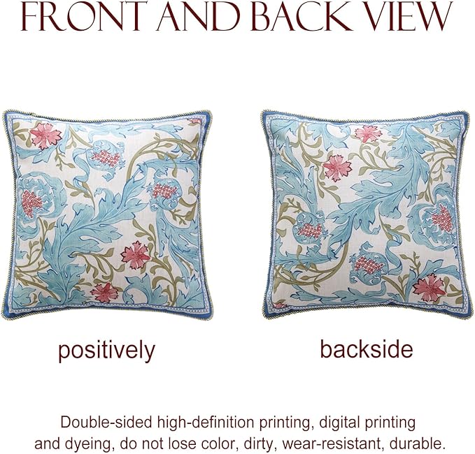 patdrea Designer Throw Pillow Covers for Couch 18"x18",Vintage Luxury French Linen Pillows Cover with Blue Floral Pattern,Farmhouse Decorative Square Pillowcases for Bed,Living Room,Outdoor,car