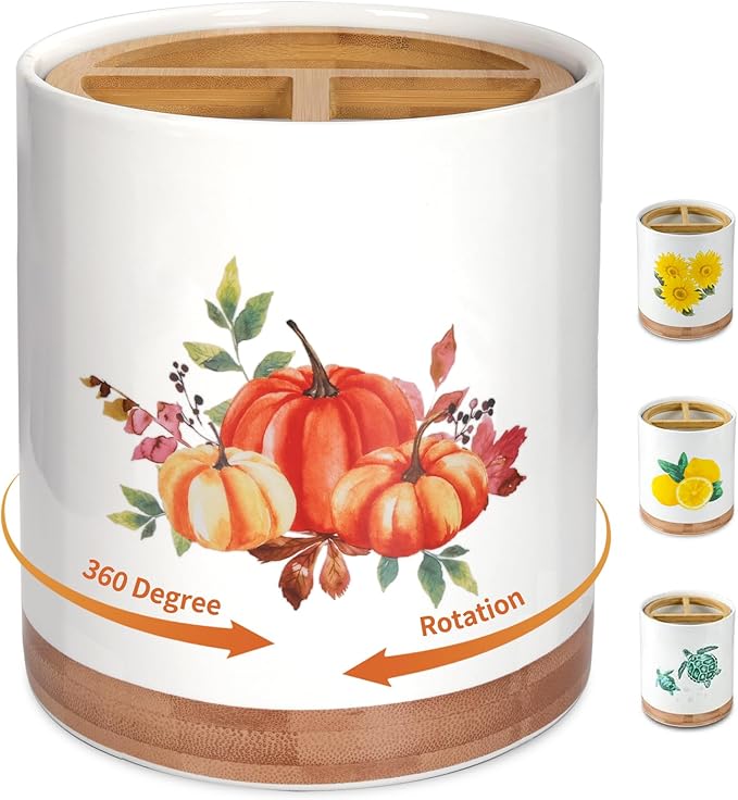 HAPPY KIT 7.6″ Utensil Holder 360° Rotating Utensil Holder Pumpkin Decor for Kitchen Counter with 3 Removable Compartment, Housewarming Gift & Farmhouse Decor