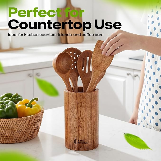AIUHI Wood Utensil Holder for Kitchen Counter, Wooden Utensil Crock, Kitchen Utensil Organizer, 5.9"x 3.5" Large Spatula and Spoon Holders
