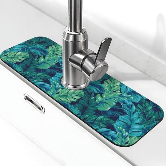 Palm Leaves Tropical Summer Green Hawaiian Kitchen Sink Splash Guard Faucet Mat Super Absorbent Fast Drying Mat Sink Gadgets-Fast Drying Pad Sink Mat For Kitchen Bathroom (15" X 5.5" )