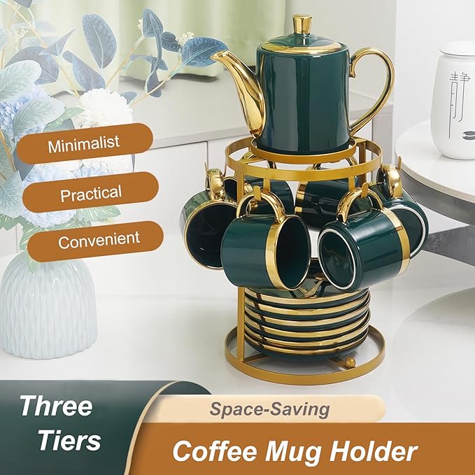 Coffee Mug Holder Countertop,Muted Golden Yellow Metal Coffee Cup Holders for Counter,Warm Dark Gold Mug Stand Rack for Counter Top 6 Hooks(Round,Muted Gold)
