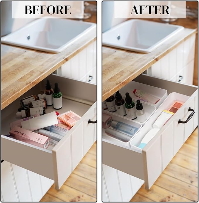 6 Pack Plastic Drawer Organizer, 10'' x 3.3'' x 1.8'' White Stackable Vanity Storage Tray, Narrow Rectangular Organizer Bins for Makeup, Bathroom, Kitchen, Office Desktop Supplies