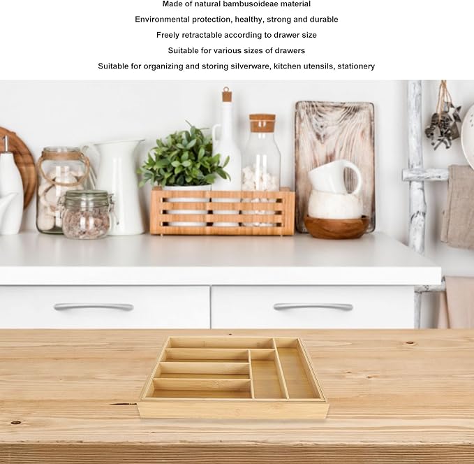 Kitchen Silverware Organizer Expandable for Cutlery and Utensils, Adjustable Wood Utensil Storage Cutlery Tray for Drawers, Kitchen Drawer Organizer Utensil Holder Makeup Organizer with(8 Slots)