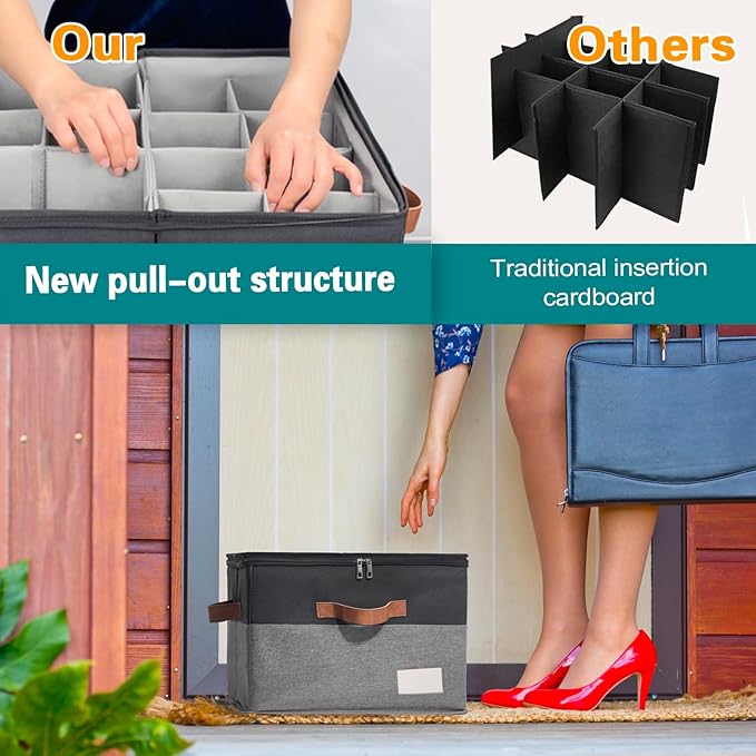 RONCHIL Shoe Organizer for Closet, Foldable Shoe Storage Bins with Clear Cover, Space Saving Shoes Holder with 4 Handles, Large Adjustable Shoe Box Storage Containers, Fits 8-16 Pairs, 1 Pack, Black