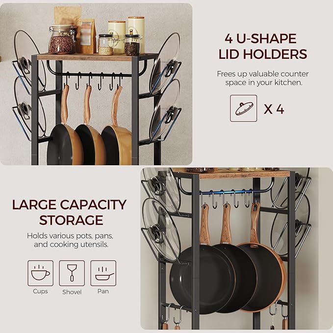 4-Tier Pot Rack, Pots and Pans Organizer for Kitchen, Lid Organizer Rack with U-Shaped Lid Holders, Kitchen Storage Shelf for Standing Cookware, Rustic Brown and Black POHR3001