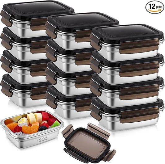 Acellegic 12 Pcs 304 Stainless Steel Food Storage Containers with Lid, Airtight Metal Food Containers Reusable Stackable Bento Meal Lunch Box Freezer/Dishwasher Safe for Kitchen Travel(12oz/ 350 ml)