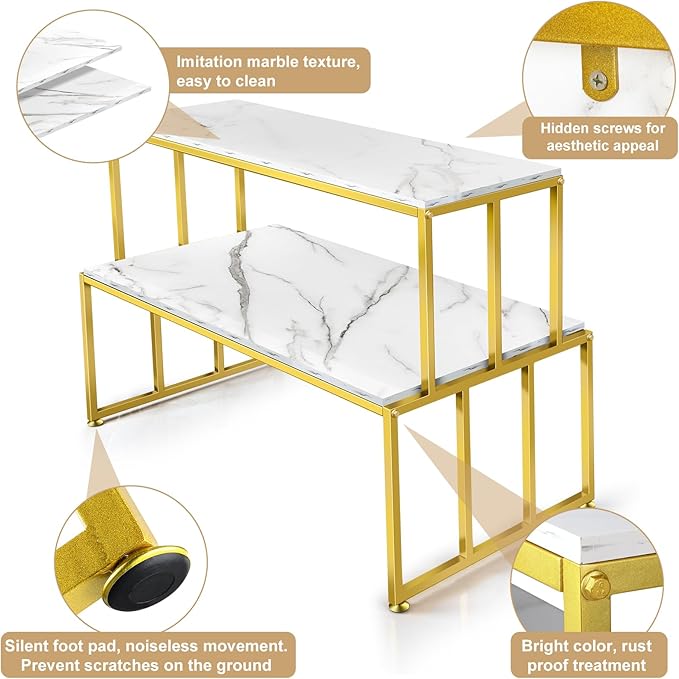 Metal Shoe Handbag Display Stand, 2 Tier Heavy Duty Display Table, Modern Standing Display Riser Shelf for Retail Stores, Iron and Wood, Gold