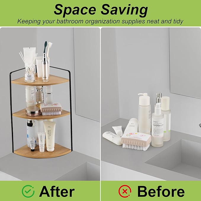 3 Tier Corner Bathroom Counter Organizer, Countertop Organizer, Vanity Organizers, Bathroom Storage Sink Shelf, Wooden Counter Shelf, Perfume Organizer for Makeup Tray (Large Capacity-Rustic Walnut)