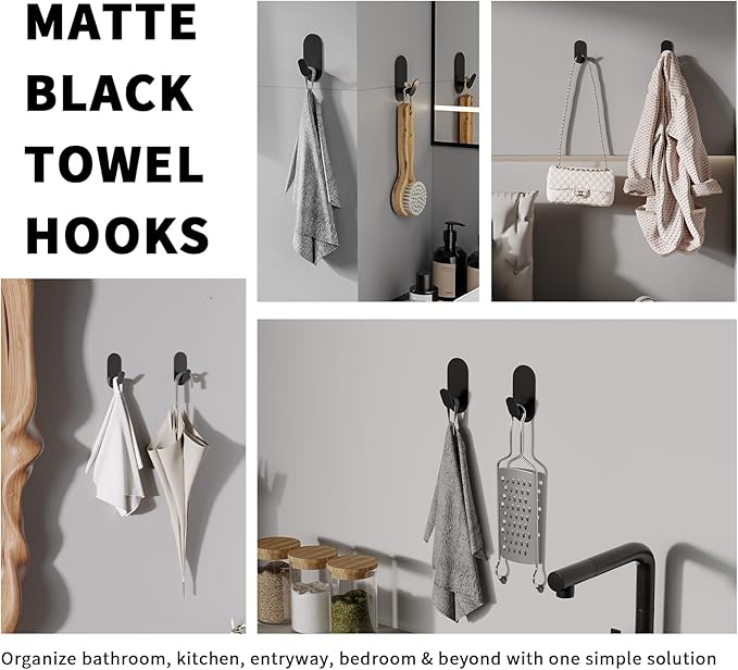 WZRUA Adhesive Towel Hooks for Bathrooms 2 Pack Matte Black Stainless Steel and Zinc Alloy Sticky Wall Hooks for Hanging Heavy Duty Self Adhesive Robe Shower Hanger for Kitchen, Closet, Cabinet, Door