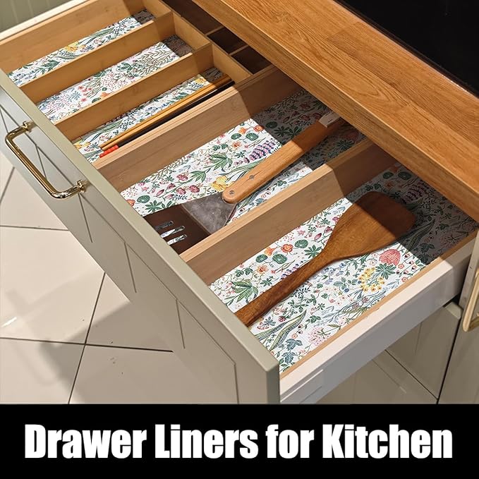Floral Shelf Drawer Liners, 24IN x 10FT Non Adhesive and Strong Non-Slip Colorful Cabinet Drawer Shelf Liners for Kitchen Wire Fridge, Waterproof Cabinet Liner,Easy to Clean