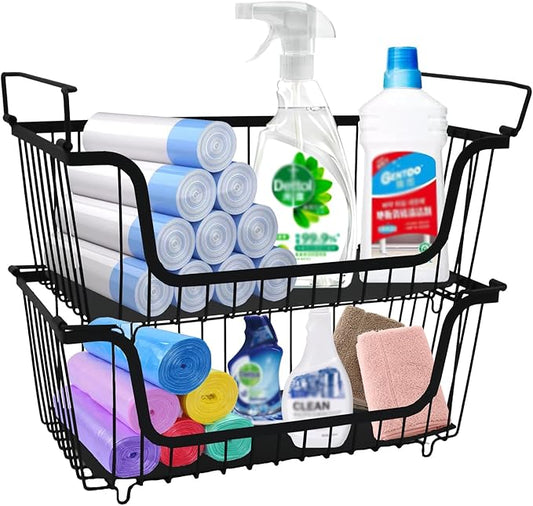Yomjarl 2 Pack Cleaning Supply Caddy and Trash Bag Holder Stand Set,Stackable Wire Storage Baskets,Under Sink Organizer,Cleaning Products Storage Organizer with Handles for Bathroom, Bedroom,Kitchen