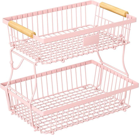 2 Tier Fruit Basket for Kitchen Counter with 2 Banana Hangers, Countertop Metal Fruit Bowl with Wooden Handle, Large Storage Stand for Vegetables, Snacks, Breads, Produce Storage – Pink