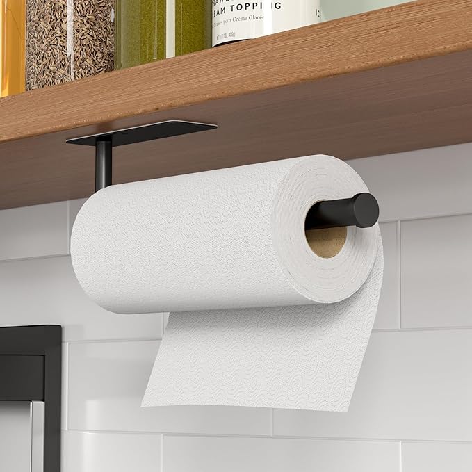 Paper Towel Holder Under Cabinet, Self-Adhesive,No Drilling, Stainless Steel, Wall-Mounted for Kitchen and Bathroom, Easy Install, Durable, Space-Saving, Ideal for Home, RV (Black, 2 Pack)