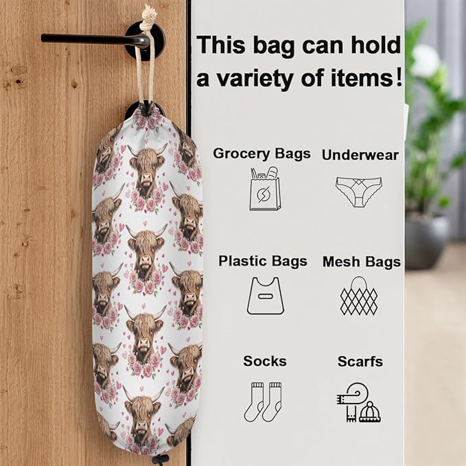 Plastic Bag Holder Heart Rose Highland Cow Wall Mount Grocery Bag Holder Wasgable Plastic Bag Dispenser Garbage Bag Organizer for Home Kitchen Decor, Gifts for Women Mom Family Friends