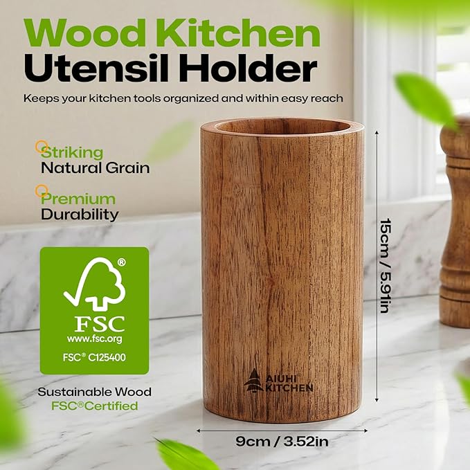 AIUHI Wood Utensil Holder for Kitchen Counter, Wooden Utensil Crock, Kitchen Utensil Organizer, 5.9"x 3.5" Large Spatula and Spoon Holders