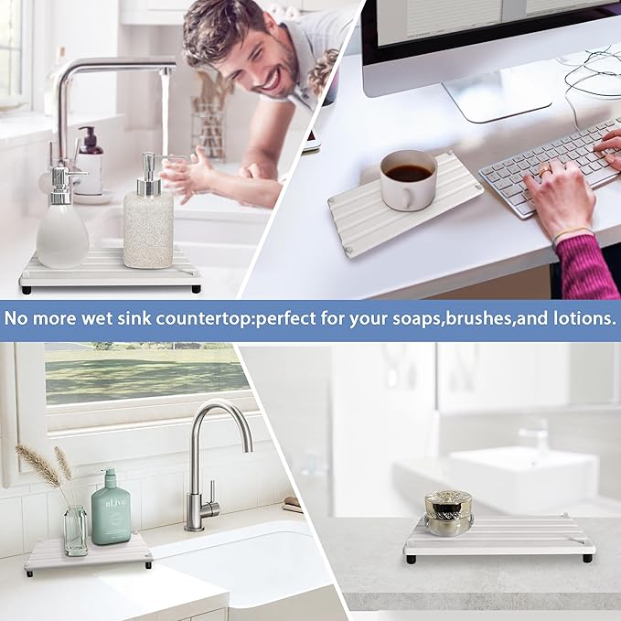2 PCS Water Absorbing Stone Trays for Bathroom Counter, Fast-Drying Faucet Mat for Kitchen Sink, Diatomite Sink Caddy, Hand Soap Holder with Anti-Skid Feet (11" x 4.7" White)