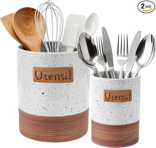 Utensil Holder, 7.1"+5.4" Ceramic Kitchen Utensil Crock for Counter, Farmhouse Cooking Utensil Organizer for Spatula Spoon Silverware Vintage Kitchen Decor Accessories Set of 2, White