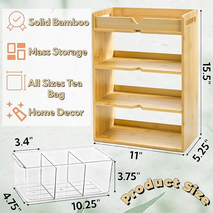 4 Tier Bamboo Tea Bag Storage Organizer, 15.5" x 11" x 5.3" Vertical Tea Packet Rack with Acrylic Drawer, Store Over 180 Tea Bags Wood Tea Station for Creamers Countertop Office Kitchen