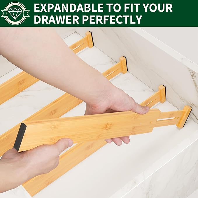 4 Pack Bamboo Drawer Dividers 2.6" High,17-22" Adjustable Spring Loaded Clothes Drawer Organizers for Kitchen, Dresser, Bathroom, Bedroom and Office