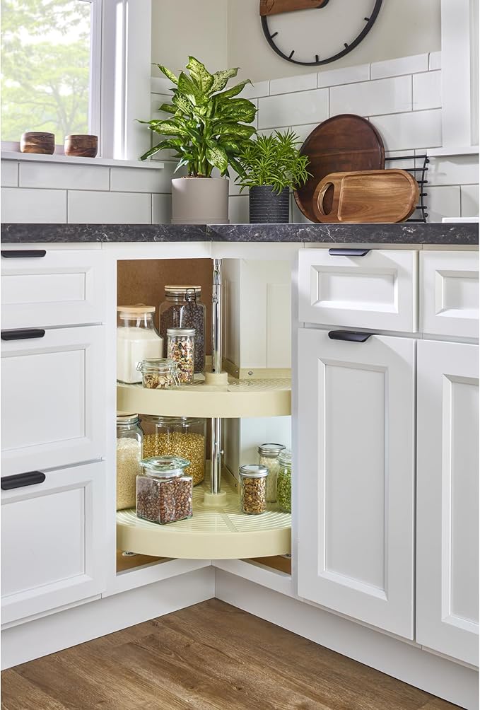 Rev-A-Shelf 24" Dual Tier Pie-Cut Lazy Susan Organizer for Base Corner Kitchen Cabinets, Two Plastic Home Storage Shelves, Almond, LD-2942-24-15-1