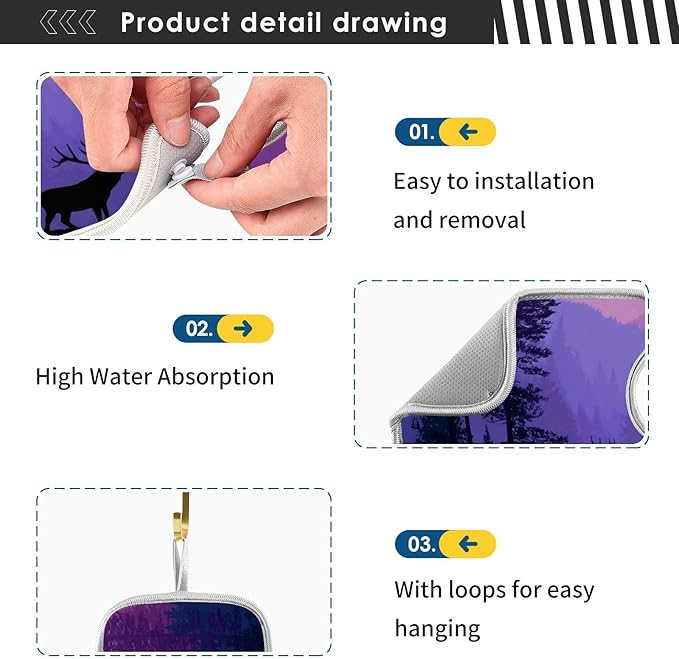 2 PCS Kitchen Sink Splash Guard 14.9 Inch Faucet Mat for Kitchen Sink Bathroom Sink Faucet Absorbing Drip Drain Mat Pad Microfiber Soft Washable Purple and Green Stag Forest Trees