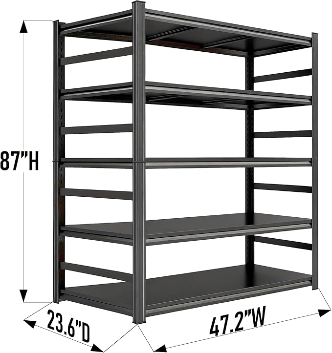 Heavy Duty Garage Shelving, 87" H x 47.2" W x 23.6" D, 3000 lbs Load Capacity, Sturdy Steel Metal Shelves for Storage, Industrial Black 5-Tier Shelving Rack for Garage, Basement, and Workshop