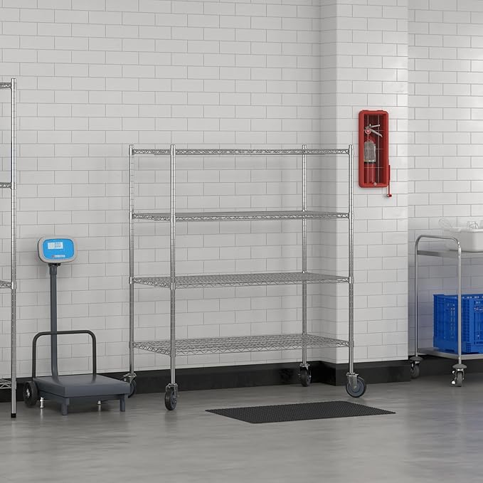 Commercial NSF Listed Chrome Mobile Wire Shelving Kit 24" x 48" x 60", with 4 Shelves Perfect for Warehouse, Walk-in Refrigerator, Freezer, Grocery Store, Restaurant, Dishroom