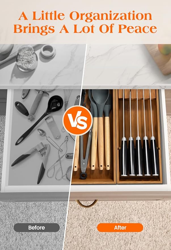 Carbonized Bamboo Kitchen Silverwar Drawer Organizer,14.2 inch Length Natural Utensil Flatware Organizers Tray Storage for Spoons Forks & Knives