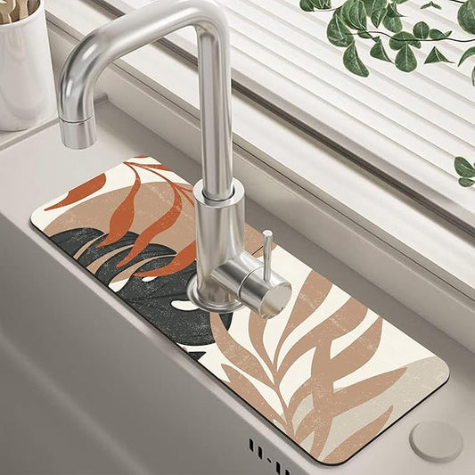 Mid Century Boho Leaves Kitchen Sink Splash Guard Absorbent Fast Drying Mat Faucet Draining Guard Behind Faucet Drip Catcher for Kitchen Bathroom 5.5"15"