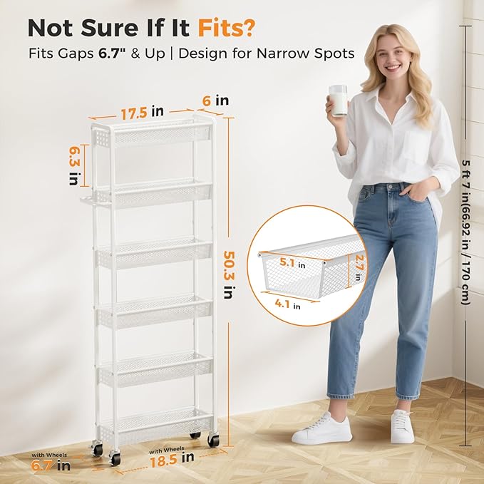 6 Tier Slim Storage Cart with Wheels, 6" D Rolling Storage Cart for Small Space, Metal Narrow Spice Cabinet Mobile Shelving Unit Organizer with Handle for Kitchen, Laundry - White